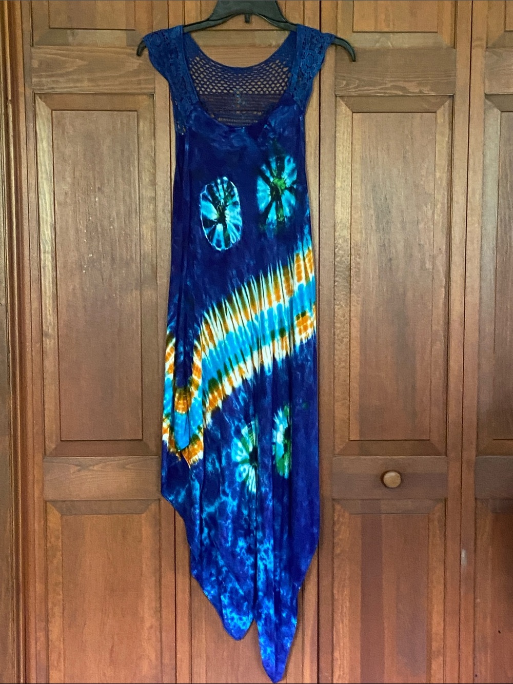 India Boutique Blue Tie-Dye Asymmetrical Maxi Dress with Teal & Yellow Accents